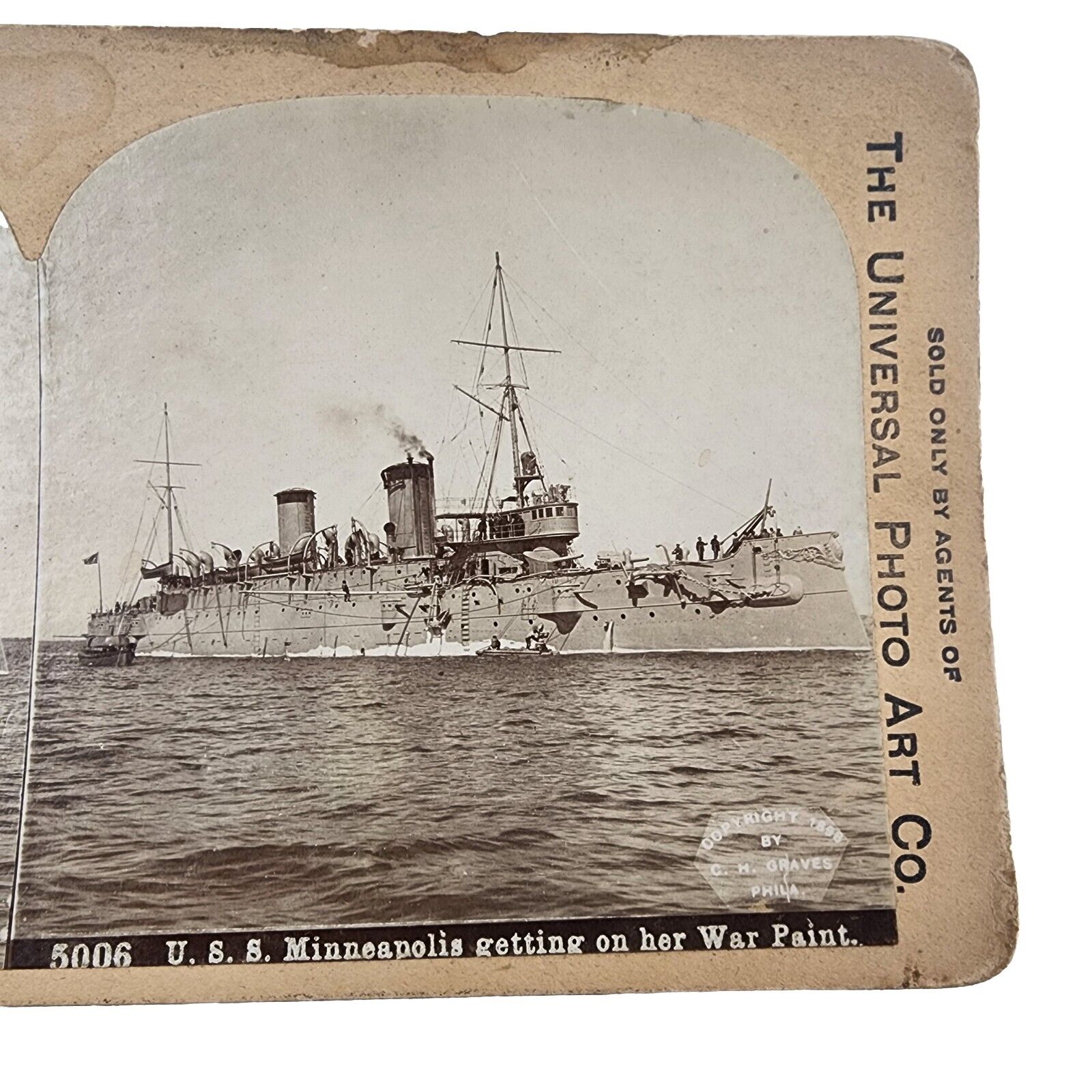 1898 Stereoview, USS Minneapolis Cruiser C-13/CA-17. Getting on her War Paint