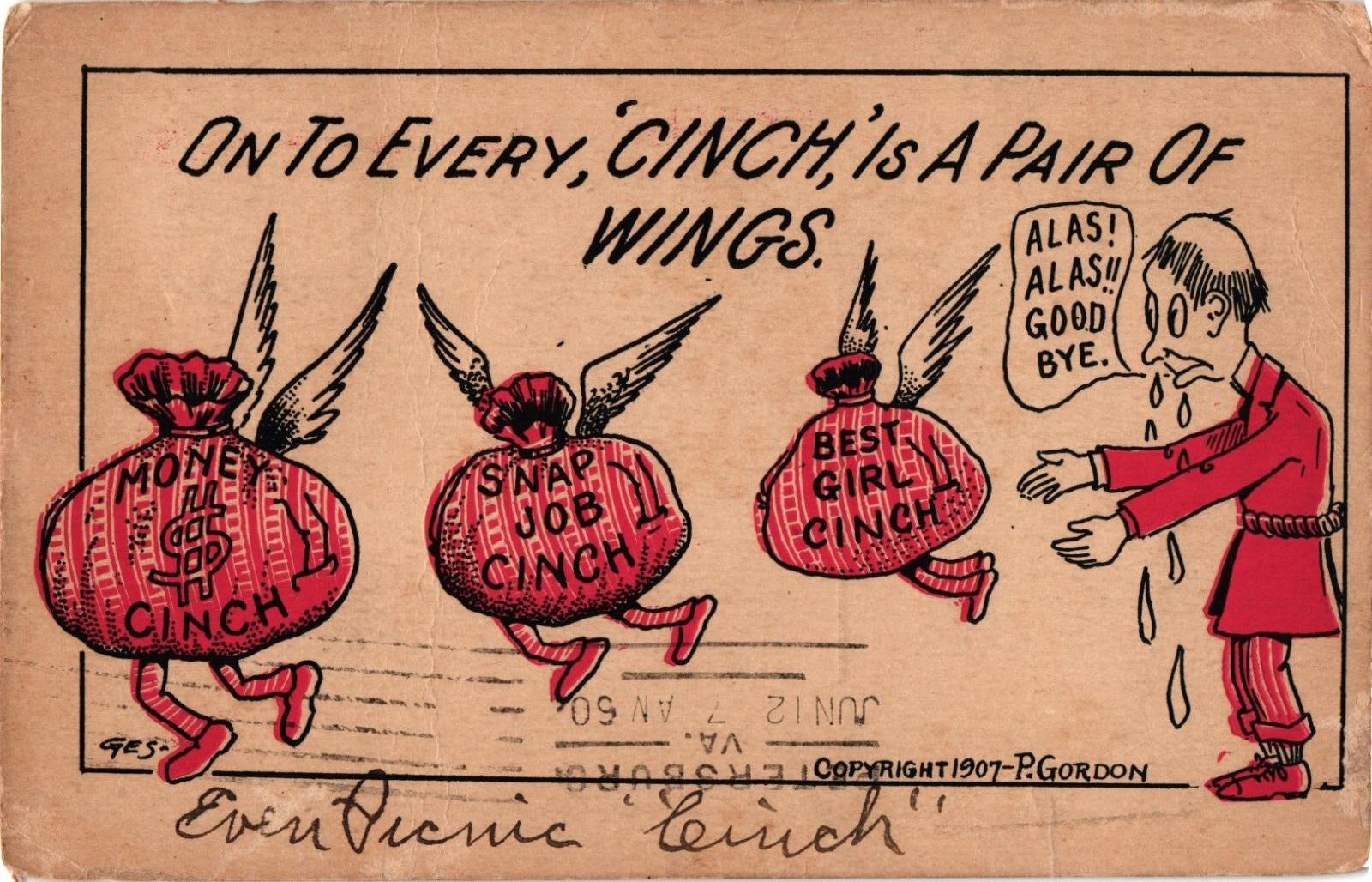 1907 Comic Artist P Gordon CINCH Money Job Girl Humor Postcard