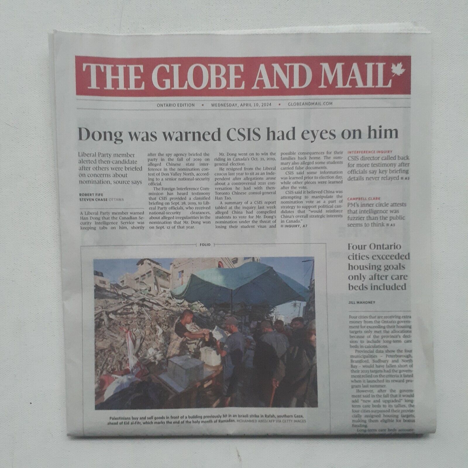 April 10 2024 Globe & Mail Palestinians Eid Gold Peter Higgs SheBelieves Tilray