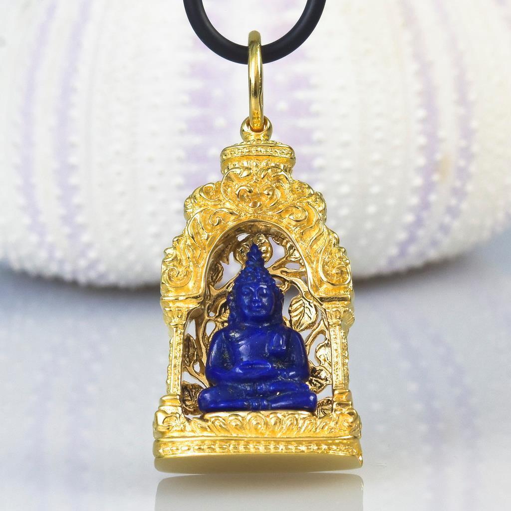Buddha Image Gold Vermeil Sterling Pagoda Lapis Lazuli Pendant Amulet 16.00 g