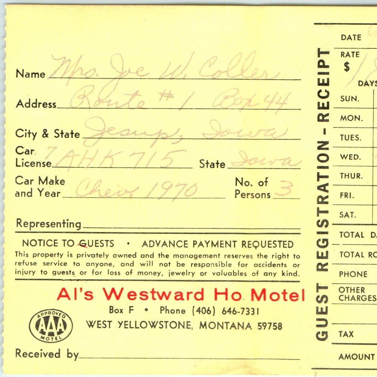 1970s West Yellowstone, Montana Al\'s Westward Motel Registration Receipt Vtg 2B