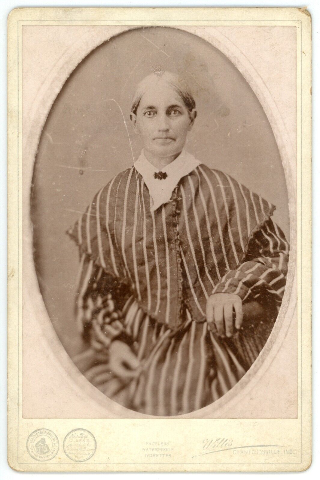 CIRCA 1890\'S CABINET CARD Elderly Woman Striped Dress Willis Crawfordsville IN