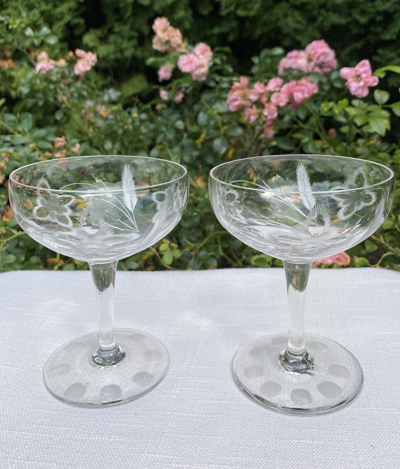 Set of 2 Etched Champagne Coupe Glasses Floral Wheat Dot Pattern 4 Ounce 4.5”