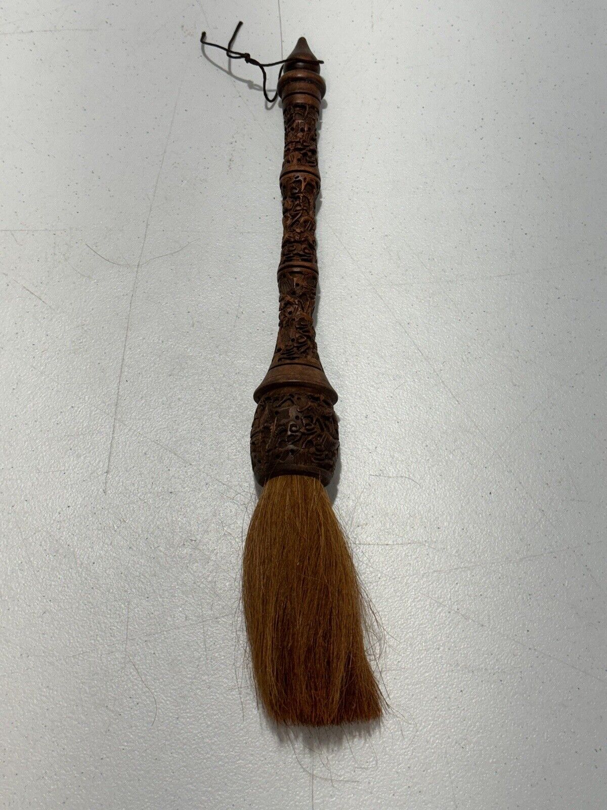 Vintage Chinese Horse Hair Calligraphy Brush Wooden Handle Carved