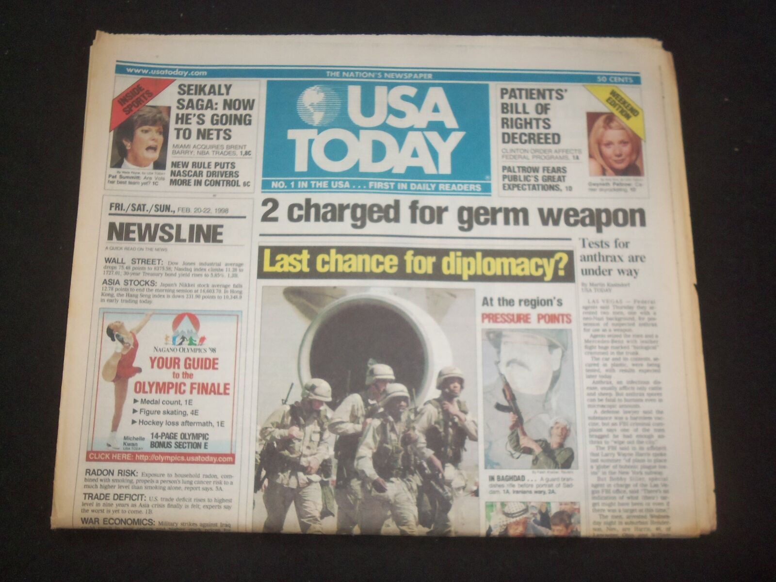 1998 FEBRUARY 20-22 USA TODAY NEWSPAPER - 2 CHARGED FOR ANTHRAX WEAPON - NP 7906