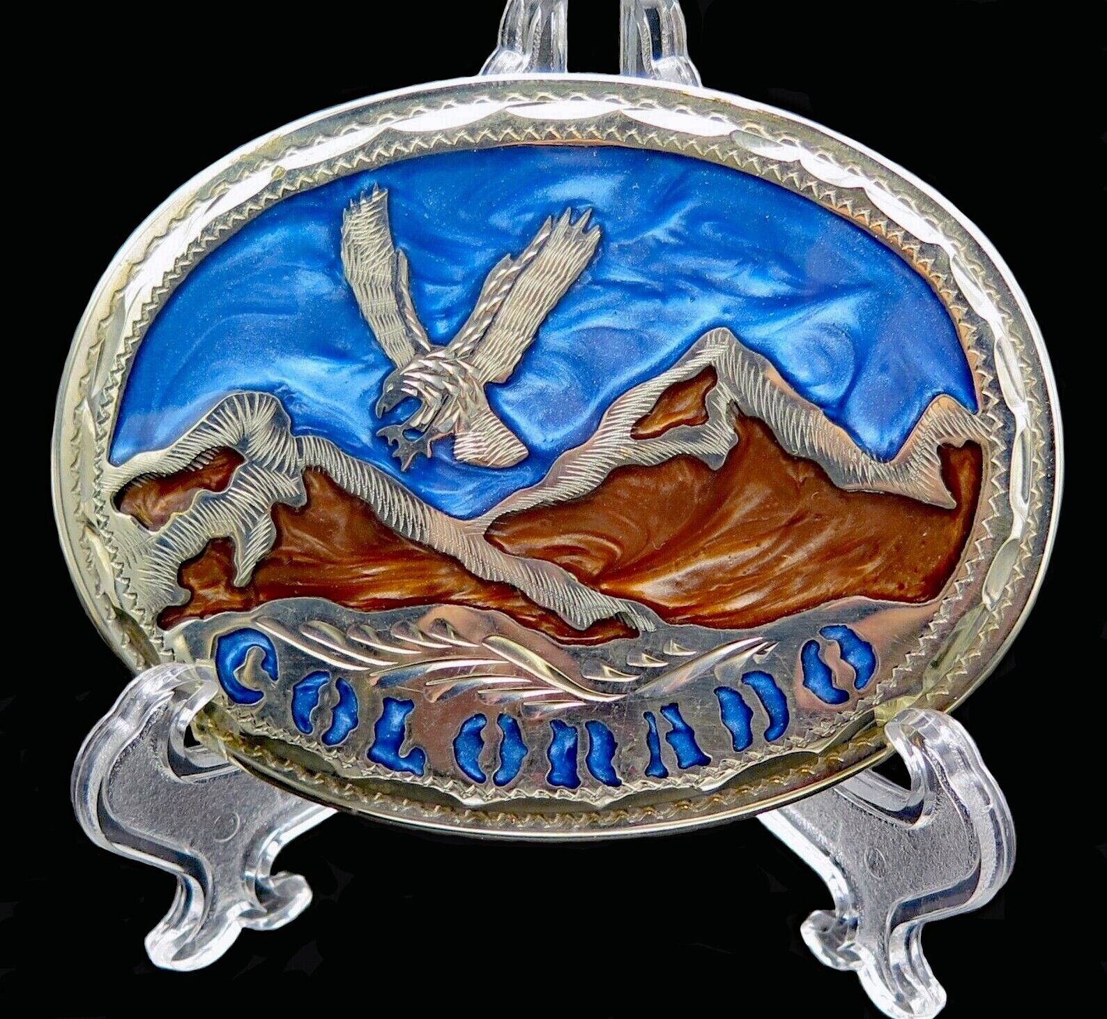 Colorado Mountains American Bald Eagle Patriotic Handmade Vintage Belt Buckle