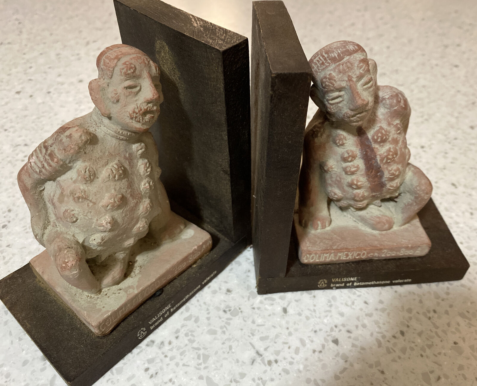 Shearing Pharmaceutical Advertising Bookends Pre-Colombian Repro Clay Sculptures
