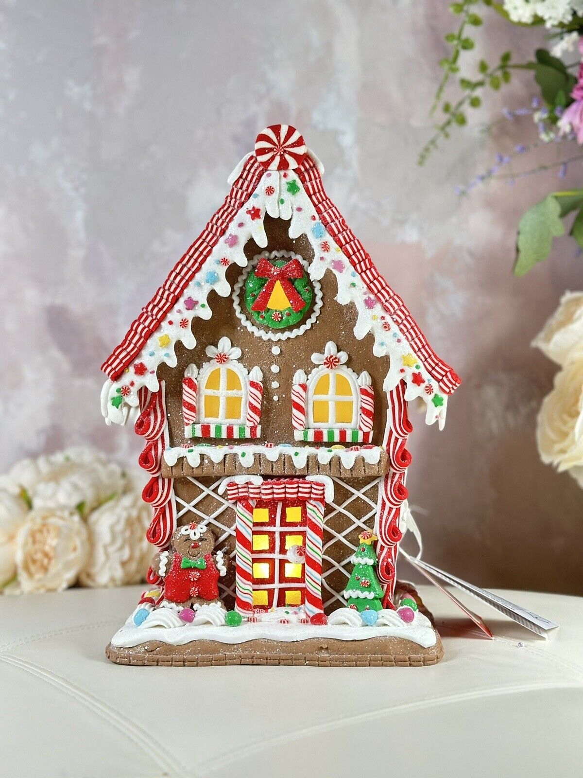 CHRISTMAS 12” BROWN GINGERBREAD CANDY HOUSE W/MINT TREES CANDY & COOKIE