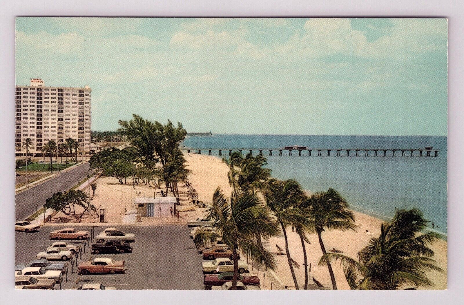 Postcard FL Pompano Beach Palm Trees Hotels Cars Dock Scenic Ocean View Florida