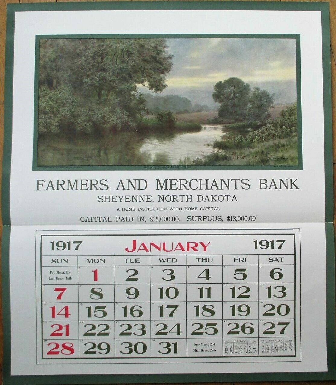 Sheyenne, ND 1917 Advertising Calendar / 20x24 Poster: Farmers & Merchants Bank