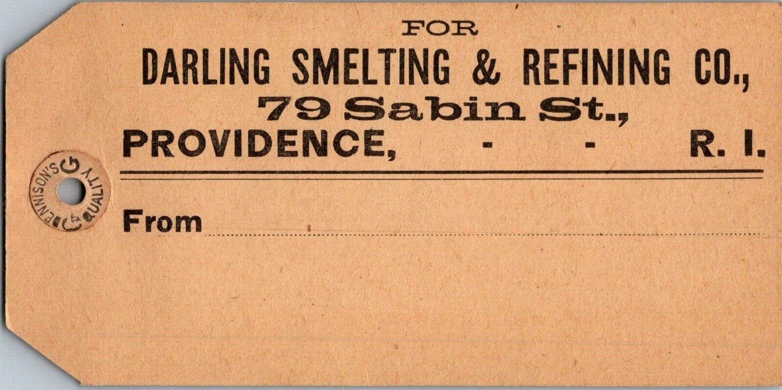 Darling Smelting & Refining Co Sabin St Providence RI hangtag late 1800s
