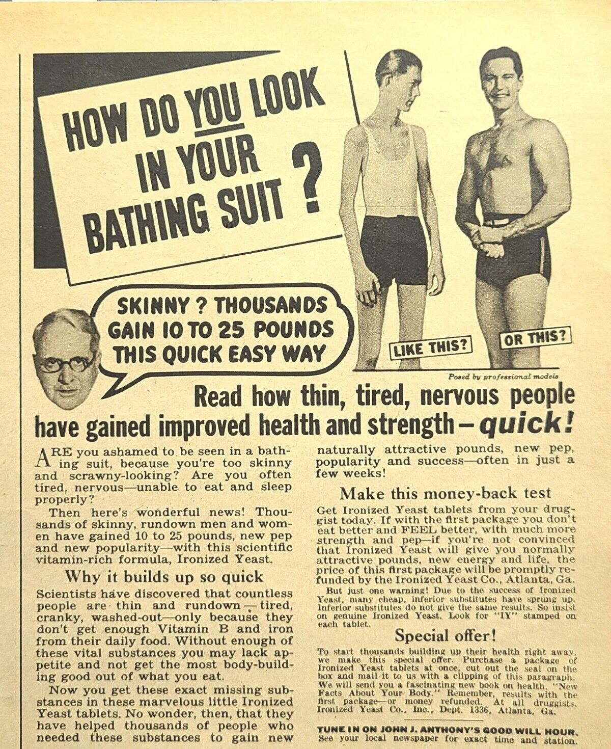 Ironized Yeast Company Atlanta Skinny Muscle Men Trunks Vintage Print Ad 1939