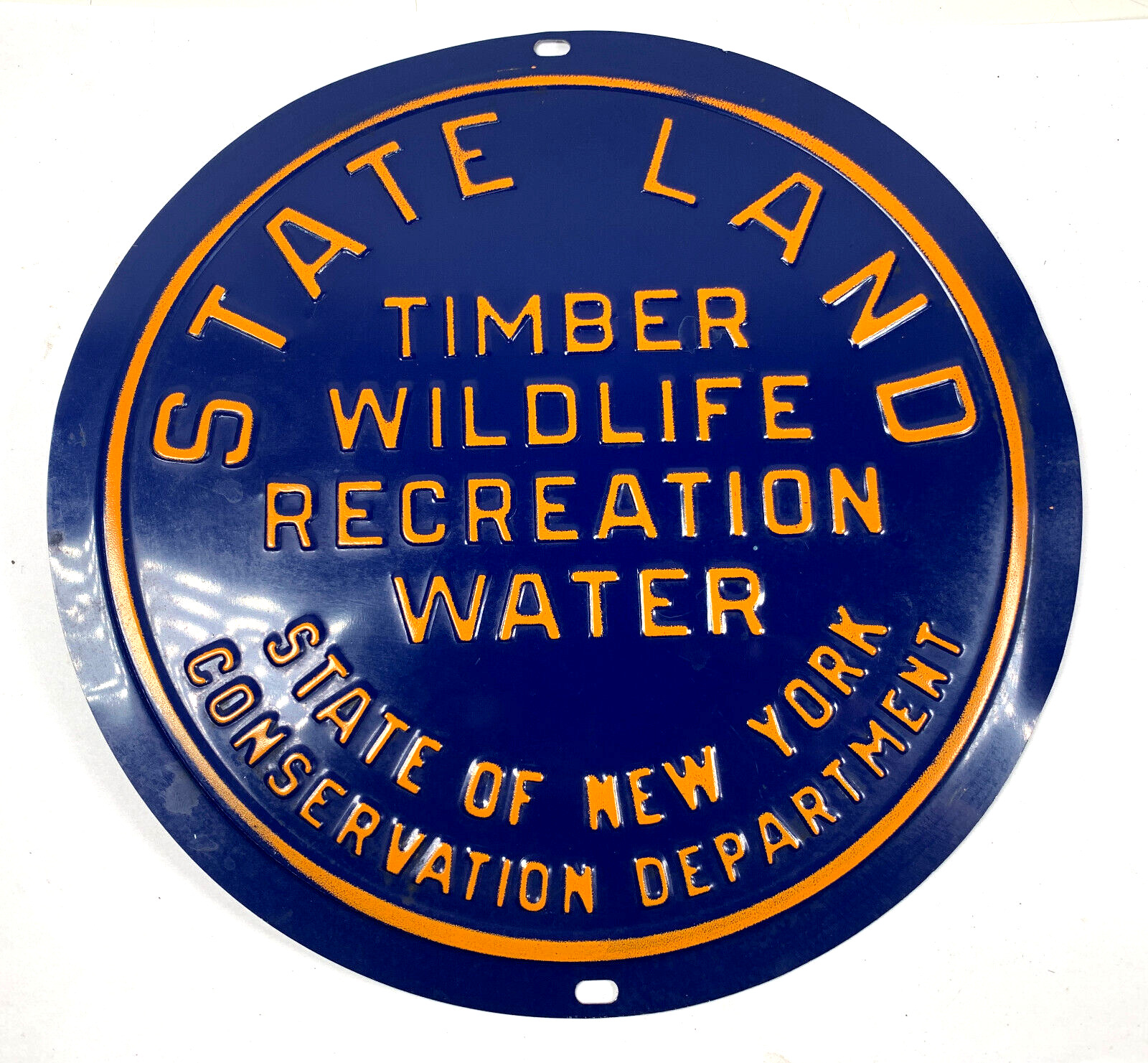 VTG TIN SIGN STATE LAND TIMBER WILDLIFE RECREATION WATER NEW YORK CONSERVATION
