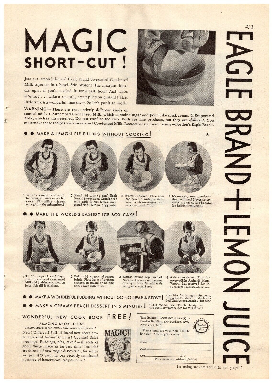 1932 Eagle Brand Condensed Milk Vintage Print Ad Lemon Pie Magic Short Cut 