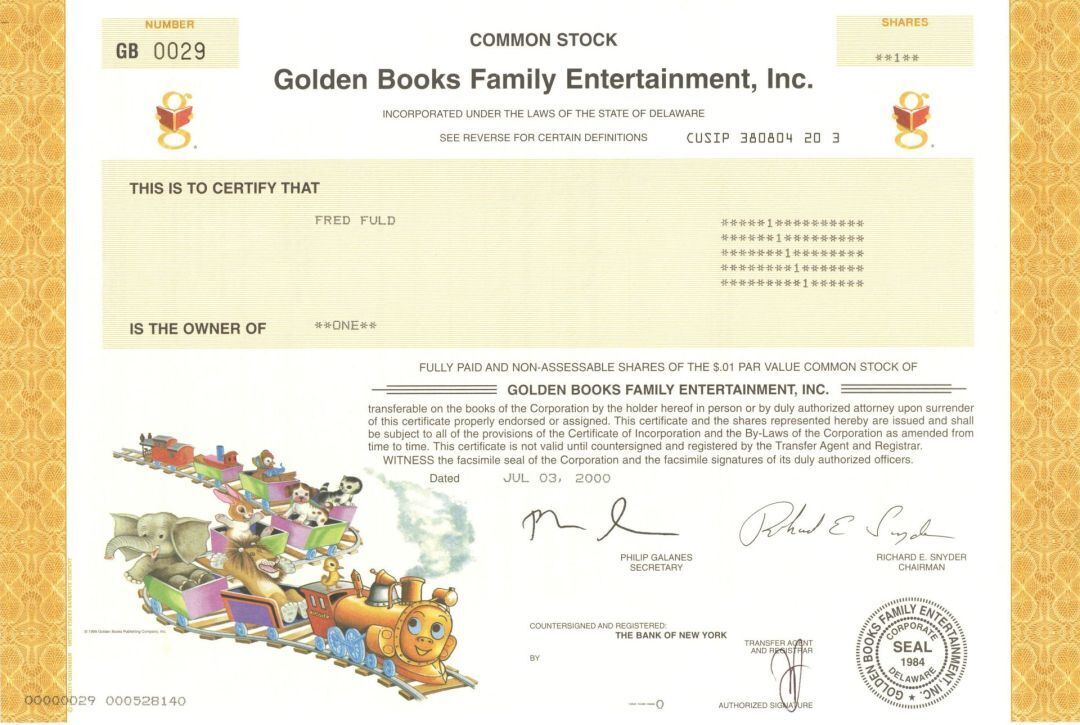 Golden Books Family Entertainment Inc. - 2000 dated Children's Books Stock Certi