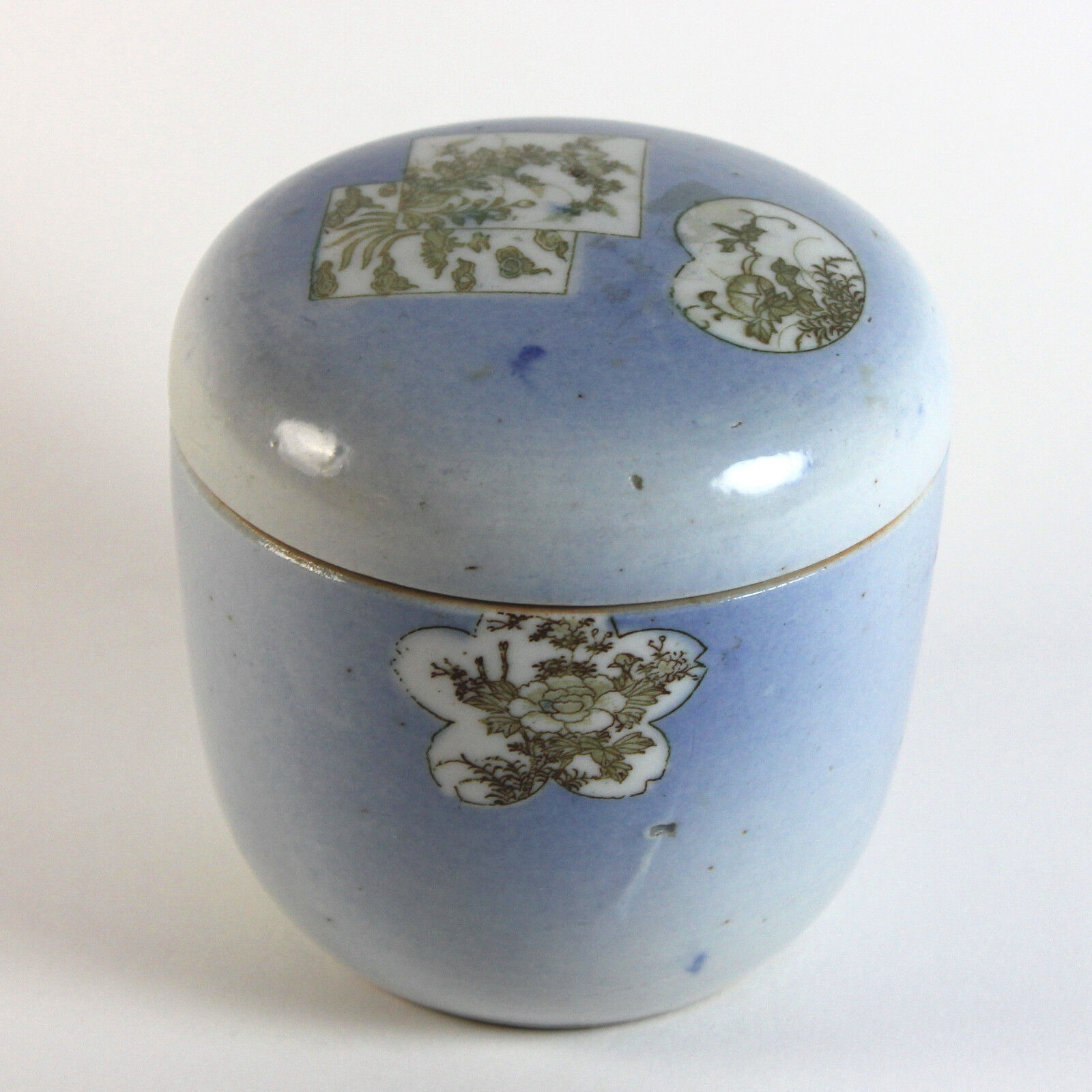 Old Claire-de-Lune Chinese Covered Pot Jar Pale Blue