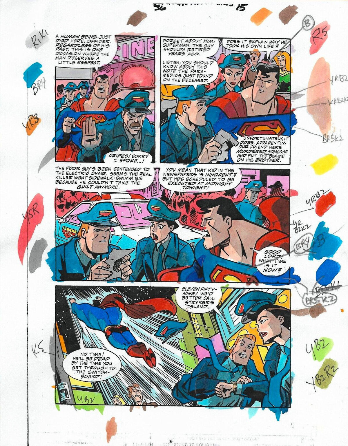 Original 1999 Superman Adventures 36 color guide art page 15, DC Comics action