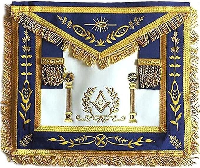 Navy Blue Apron Master Mason Square G & Pillars Freemasons Gold Fringe