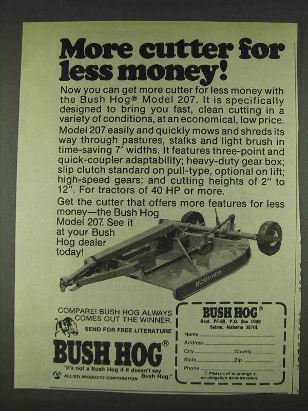 1978 Bush Hog Model 207 Ad - More Cutter