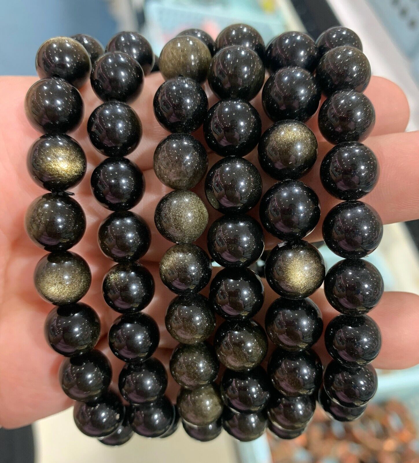 Wholesale Lot 6Ps 10mm Natural Golden Obsidian Crystal Healing Stretch Bracelet