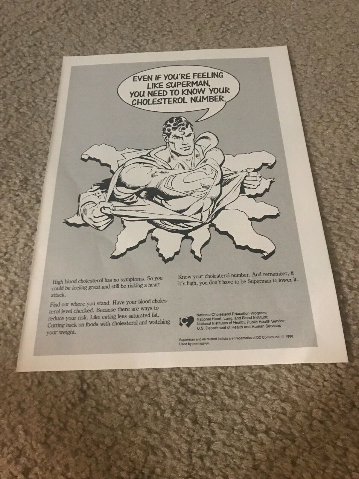 Vintage 1989 SUPERMAN CHOLESTEROL AWARENESS Print Ad Photo 1980s SUPER HERO