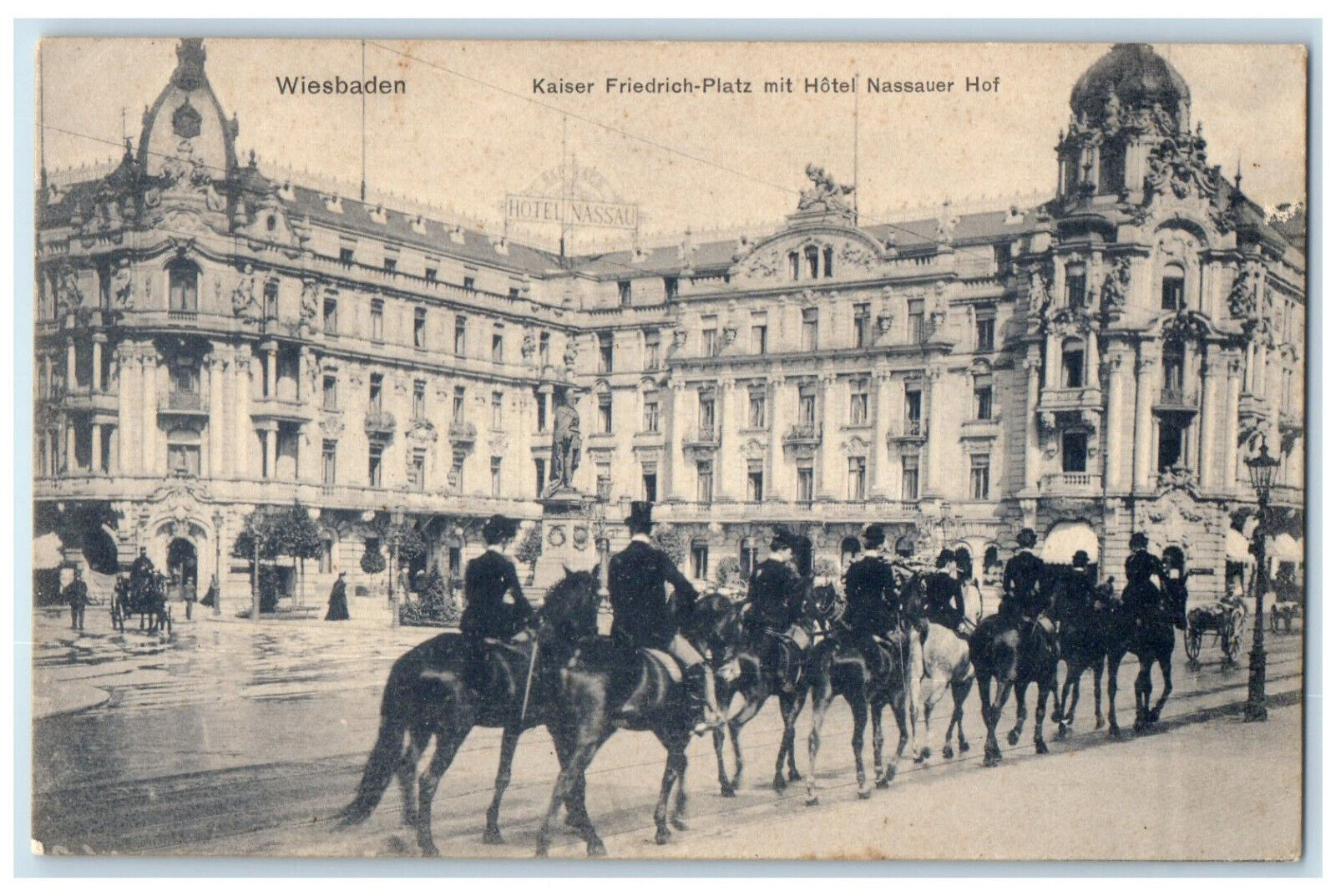 c1910 Kaiser Friedrich-Platz With Hotel Nassauer Hof Wiesbaden Germany Postcard