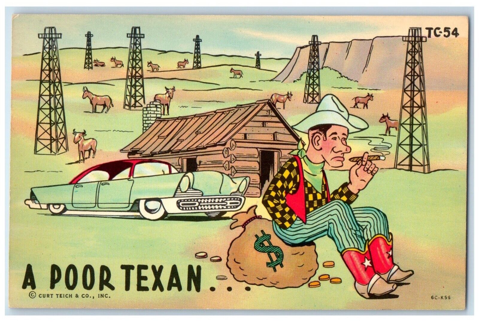 c1930\'s A Poor Texan Man Cigar Sack Of Coins Car Unposted Vintage Postcard