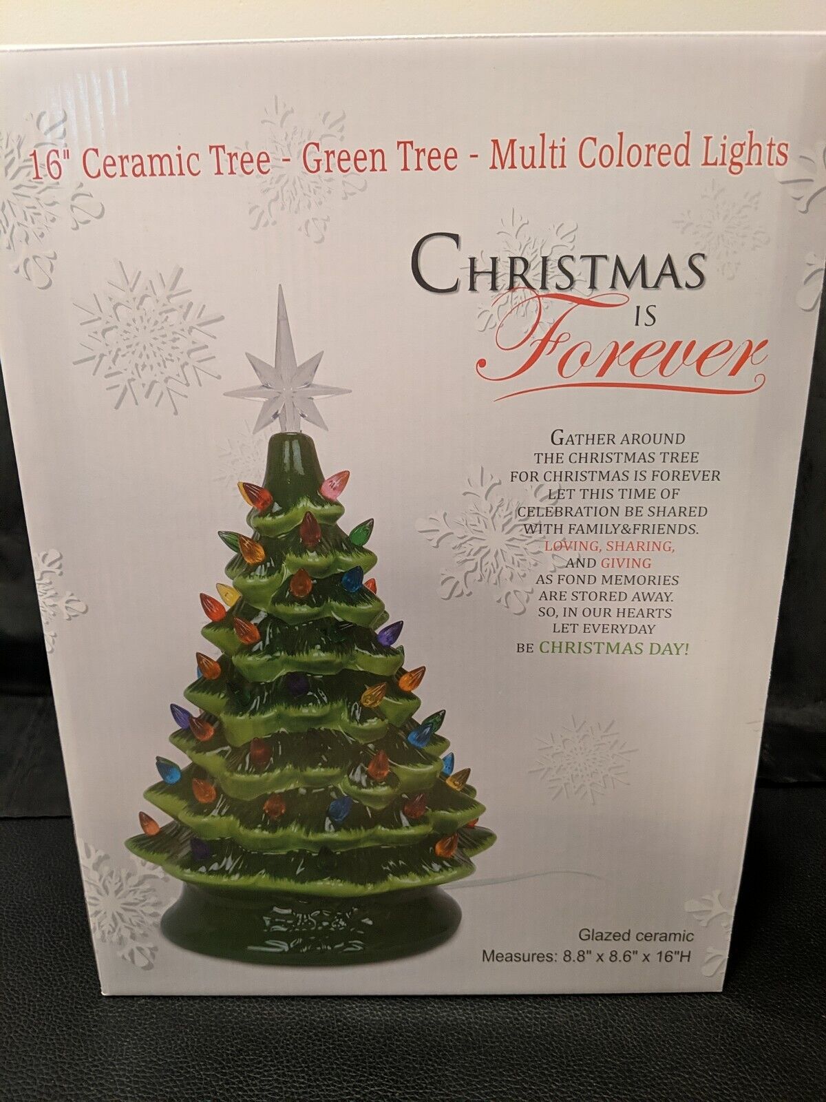 Christmas is Forever Lighted Tabletop Ceramic Tree 16 Inch Green Tree 