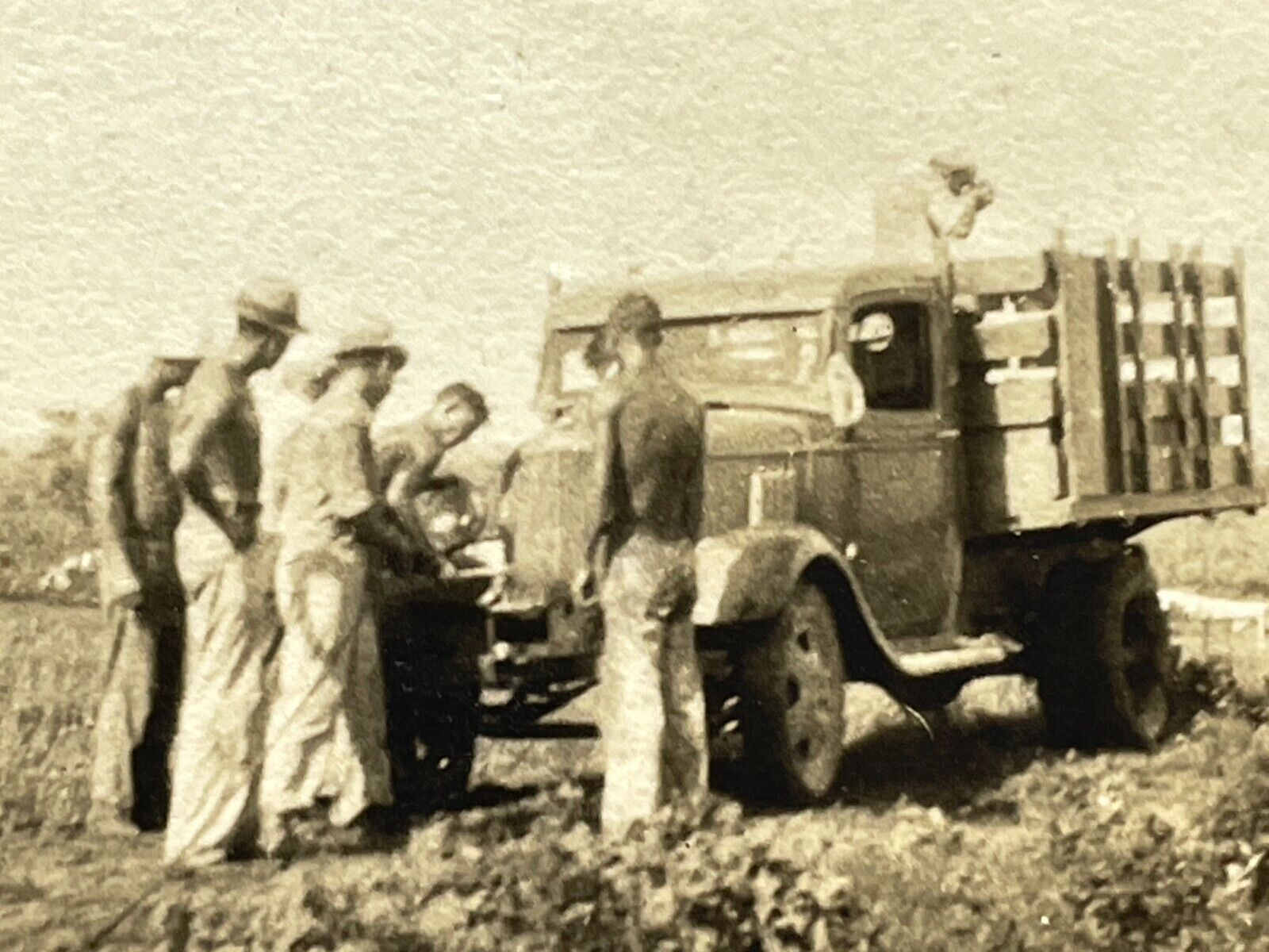 W7 Photograph Handsome Men Working On Old Truck In Field Shirtless Worker 1930's