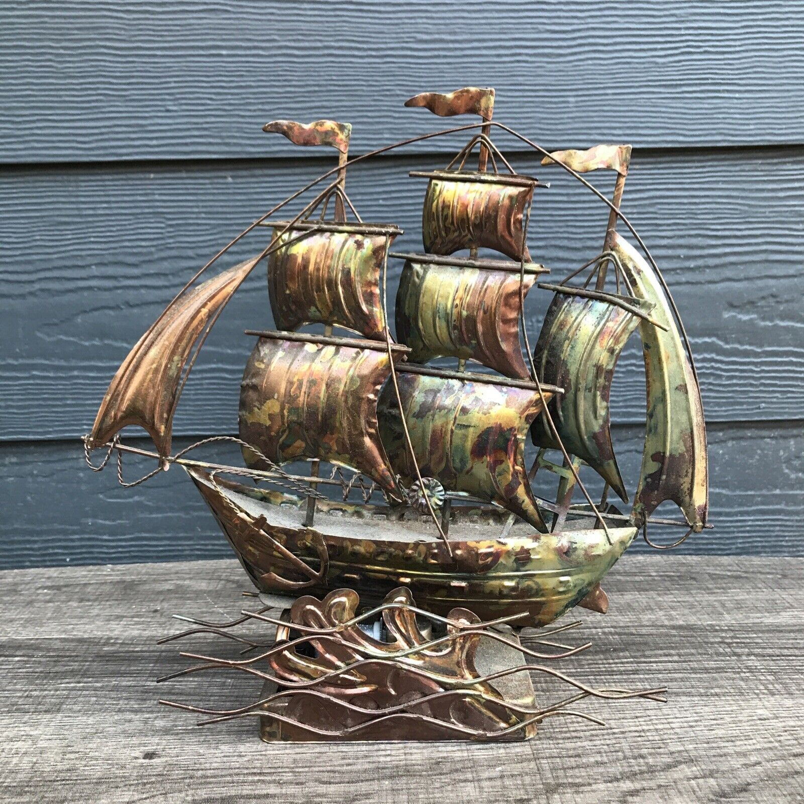 Vintage Tin Copper Tone Metal Sail Boat Ship Nautical Musical Box Brutalist Deco
