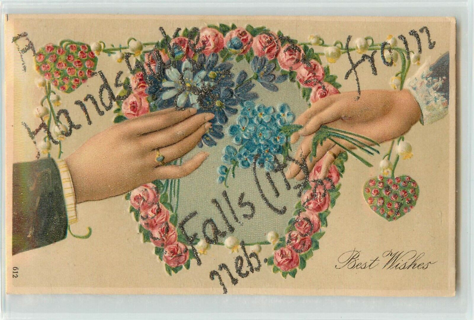 Embossed Postcard A Handshake from Falls City NE Hands exchange Flowers, Glitter