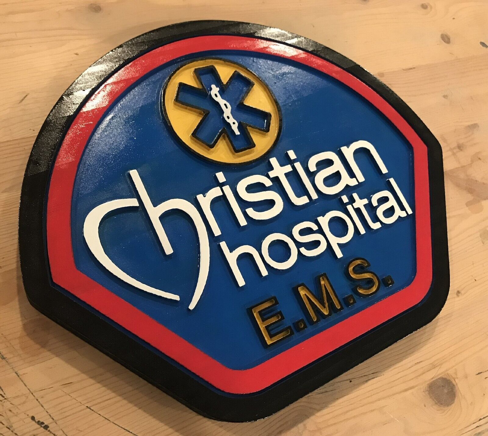 Fire Department Christian Hospital routed wood patch plaque sign carved