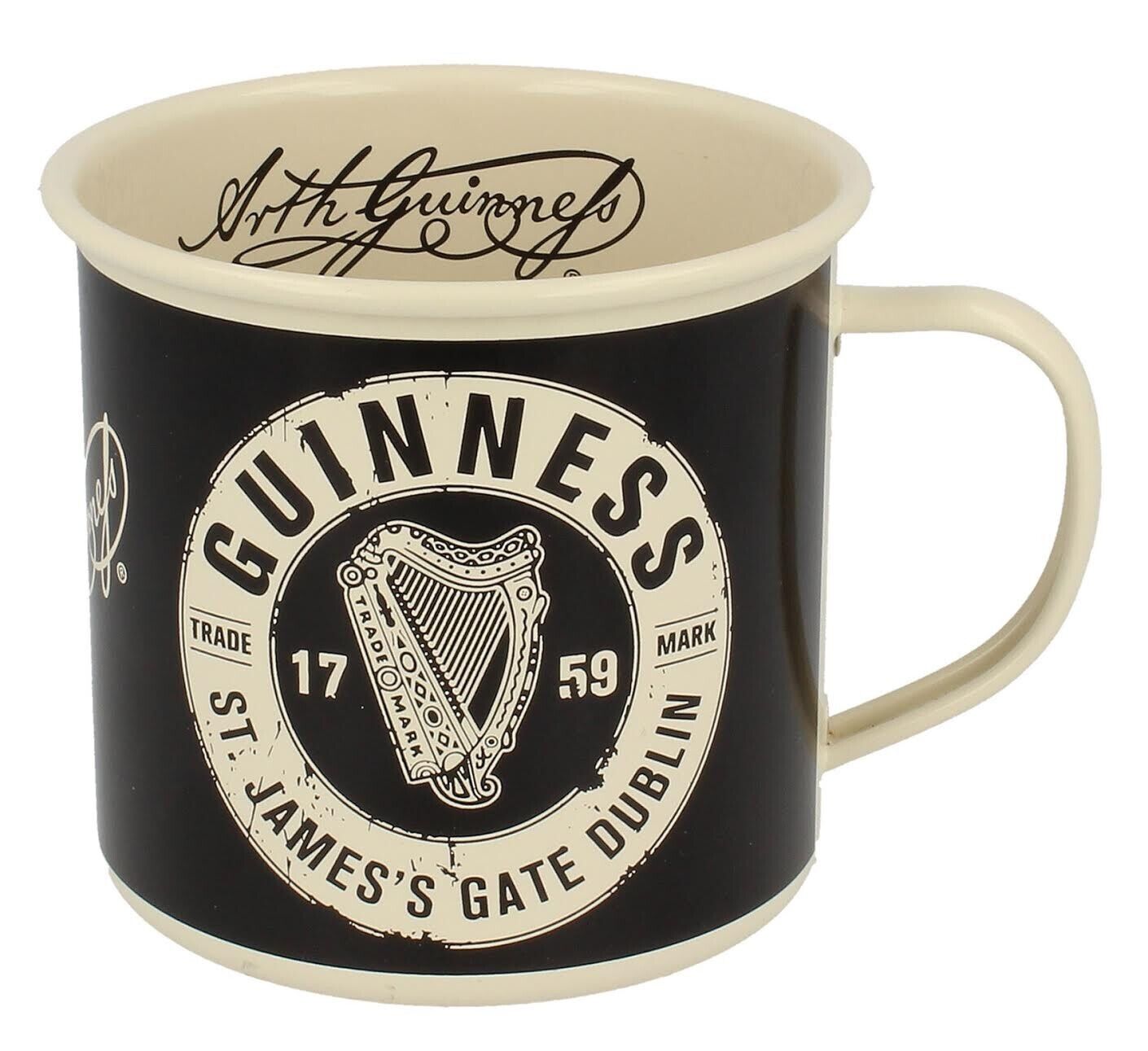 Guinness Enamel Mug, St James's Gate Label, Black & Cream