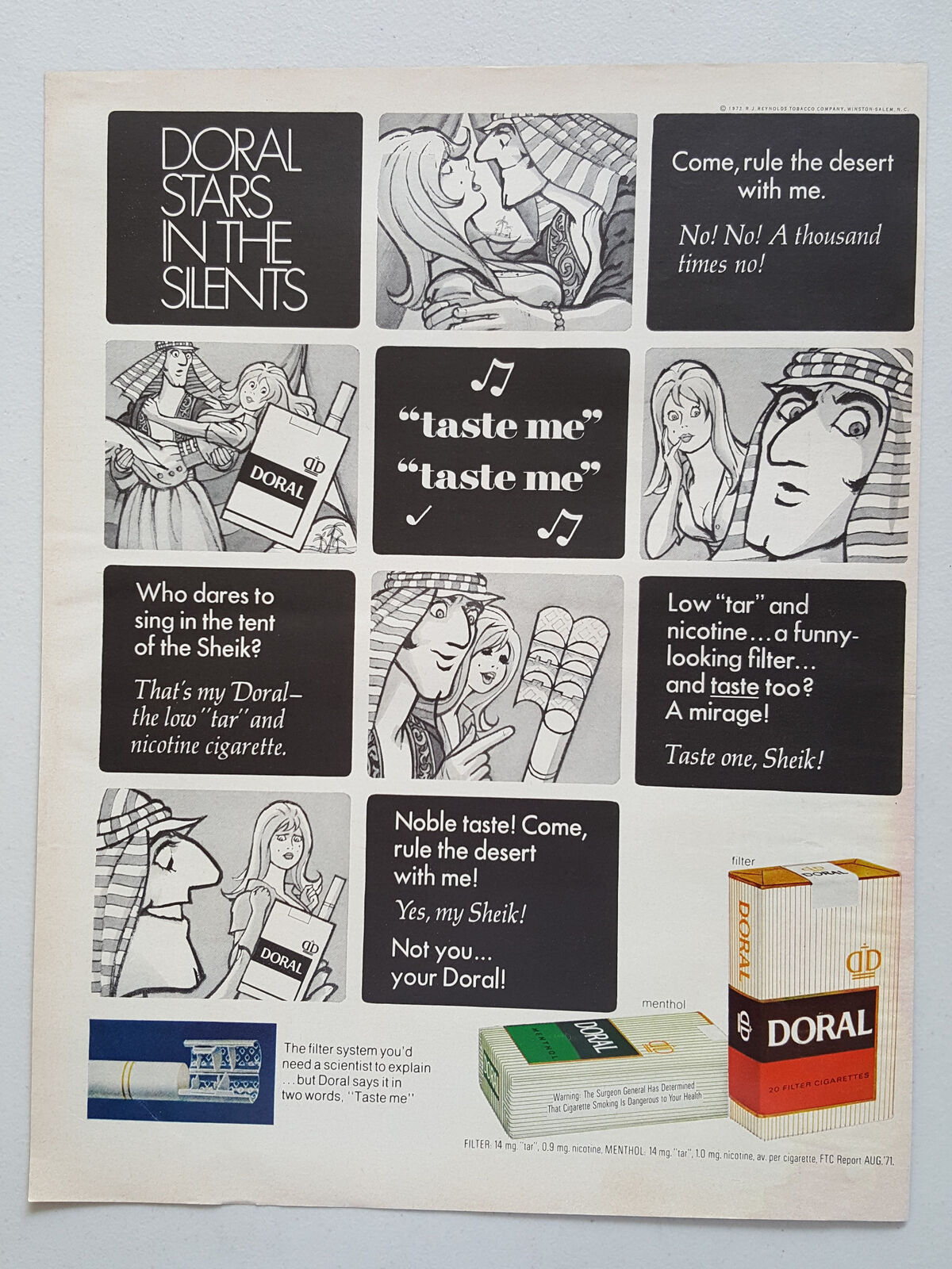 1972 Doral Filter Cigarettes Sheik Comic Strip Vtg Magazine Print Ad