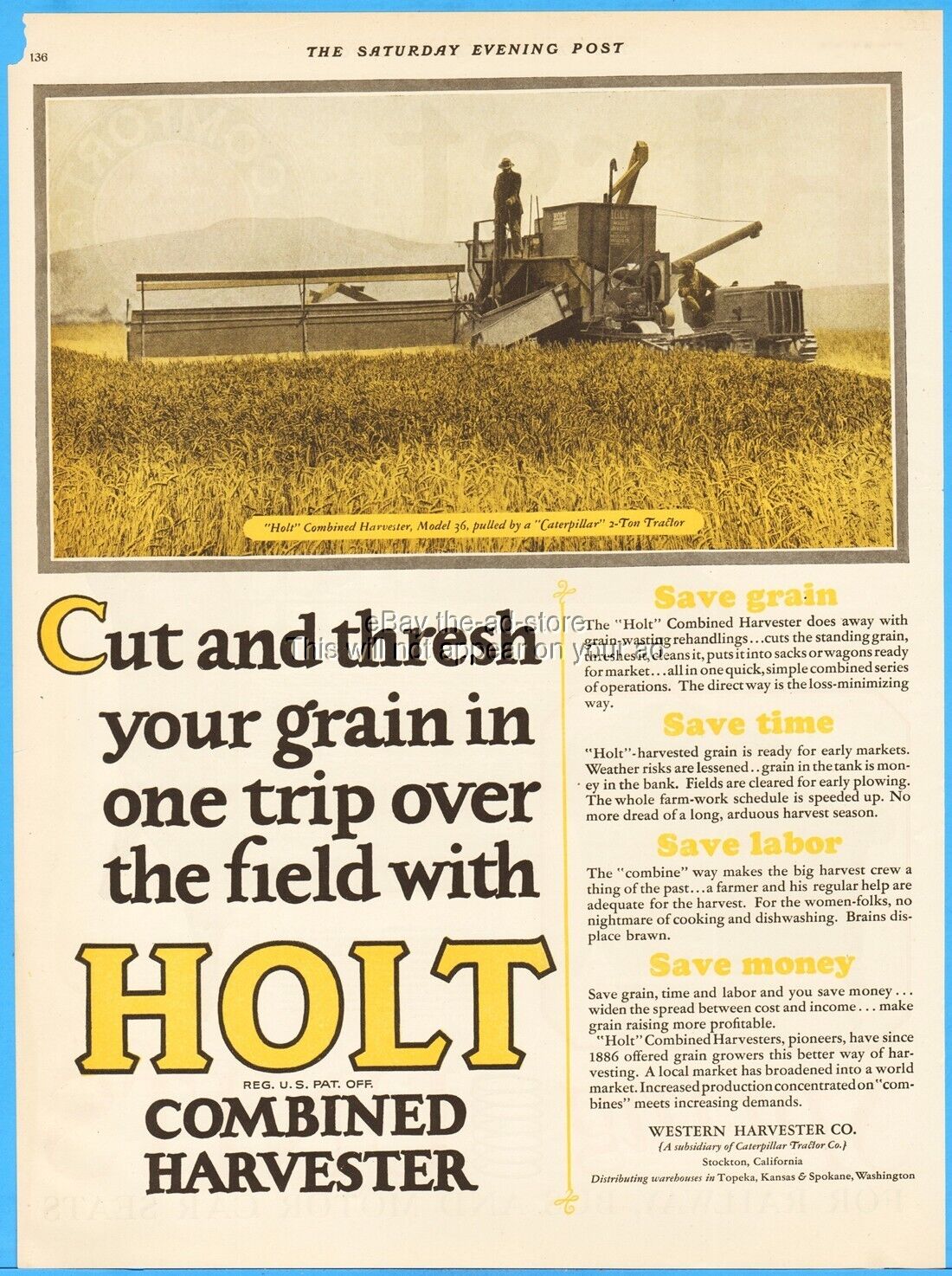 1927 Western Harvester Co Stockton CA Holt Combine Caterpillar 2-Ton Tractor Ad