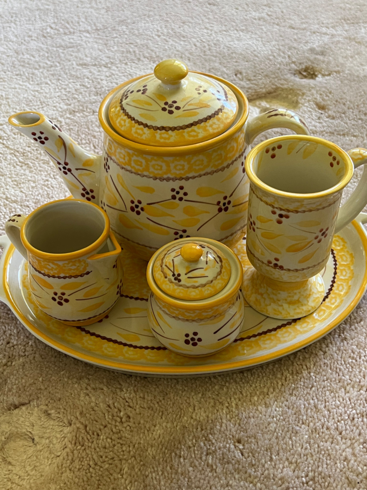 Old World Yellow Tea Set Tray Tea Pot Cream Sugar Temp-tations  by Tara Exc