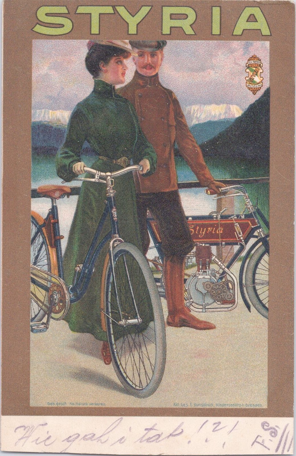ZAYIX Early Styria Bicycle Advertising Pretty Lady & Uniformed Man c1909 Austria