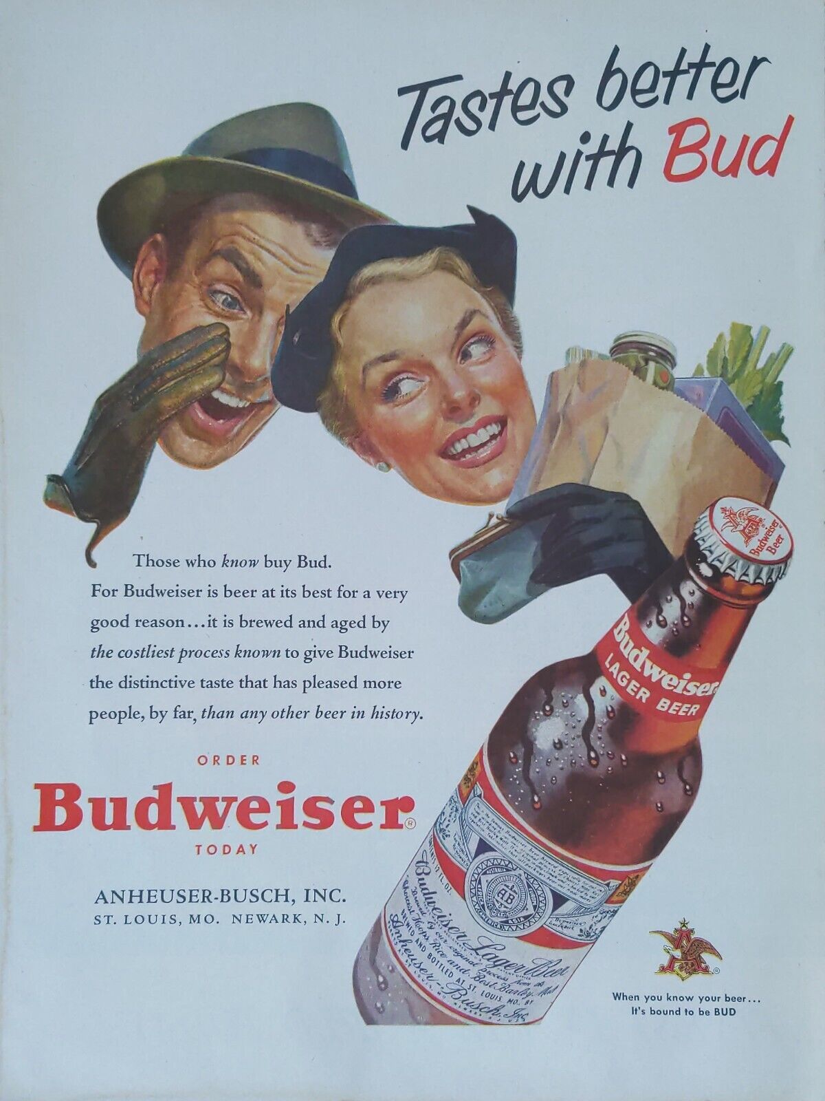 1953 vintage Budweiser print ad. Tastes better with bud