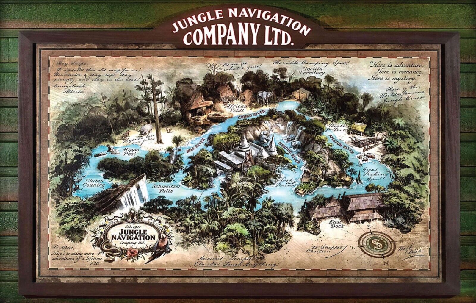 Jungle Cruise Navigation Company LTD Map Congo River Hippo Chimp Disney Poster