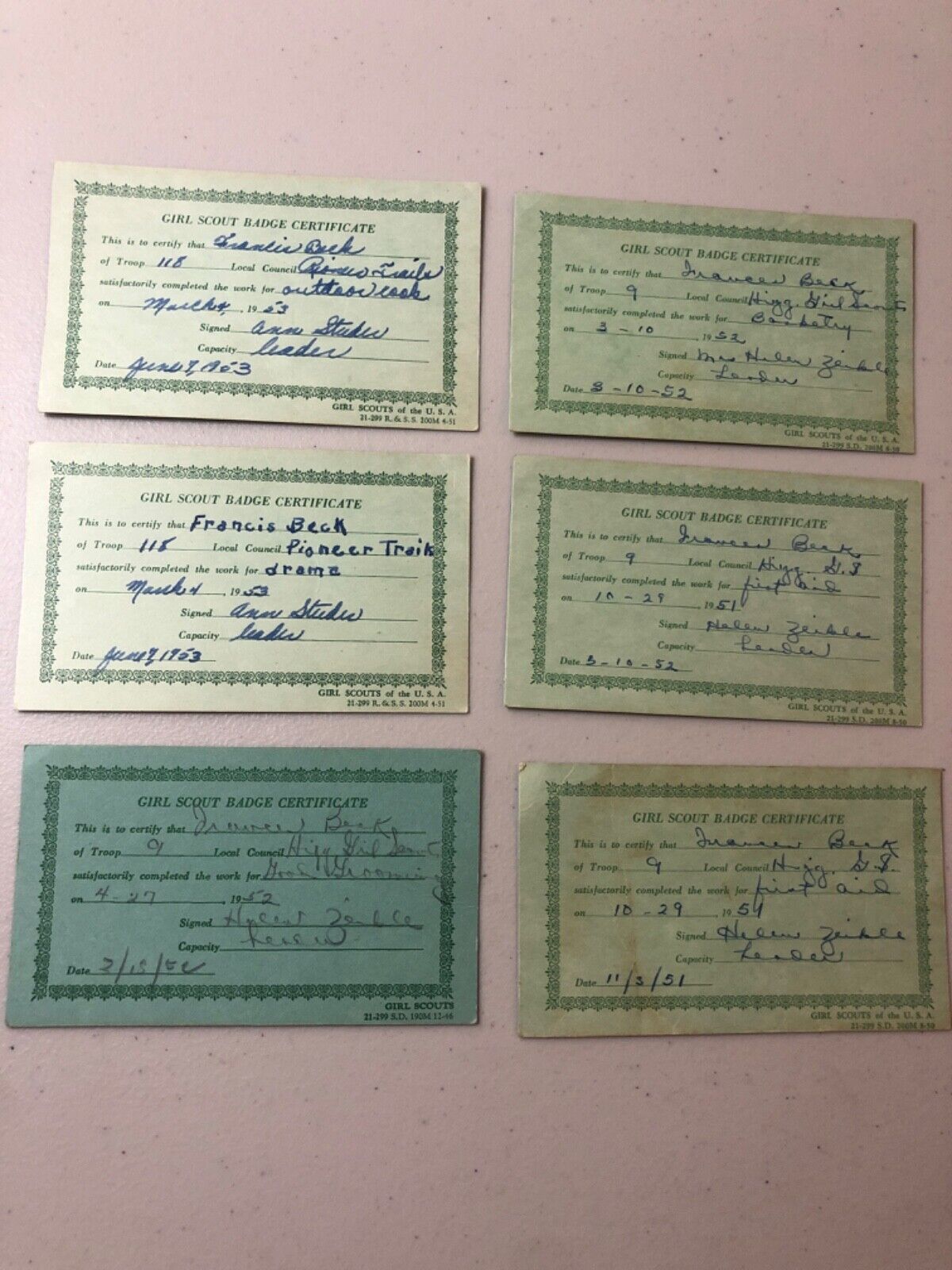 Lot of 6 - 1950s Girl Scout Badge Certificate
