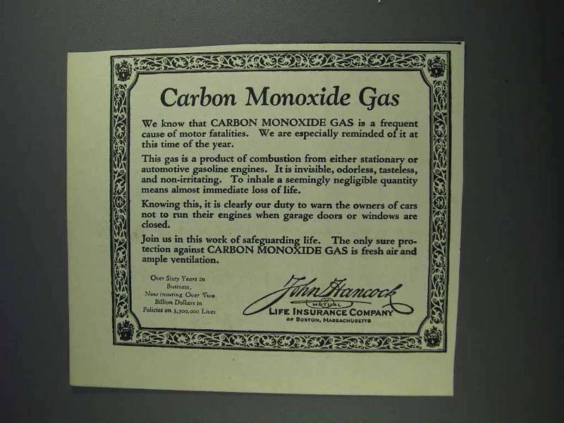 1925 John Hancock Life Insurance Ad - Carbon Monoxide