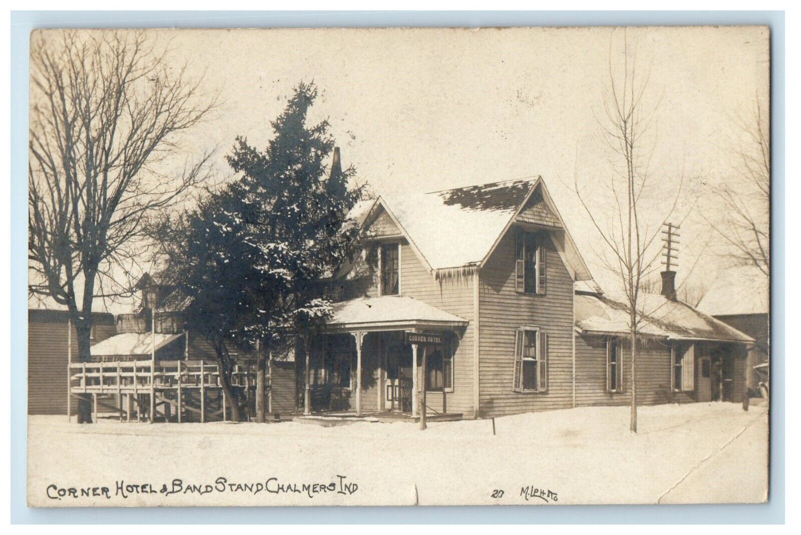 1910 Corner Hotel & Band Stand Chalmers Indiana IN RPPC Photo Antique Postcard