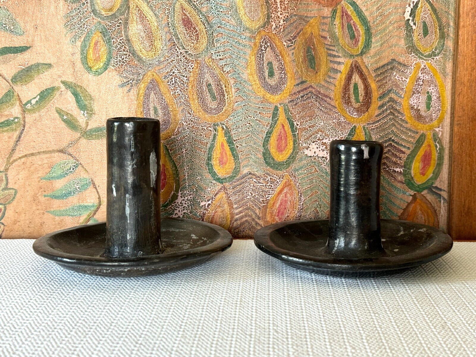 Pair of Southwest Native American Blackware Pottery Candlesticks