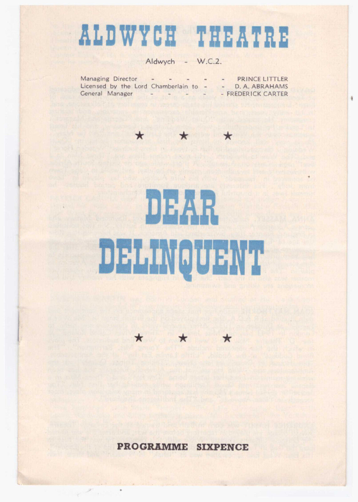 Dear Delinquent David Tomlinson Aldwych Theatre London Programme 1957