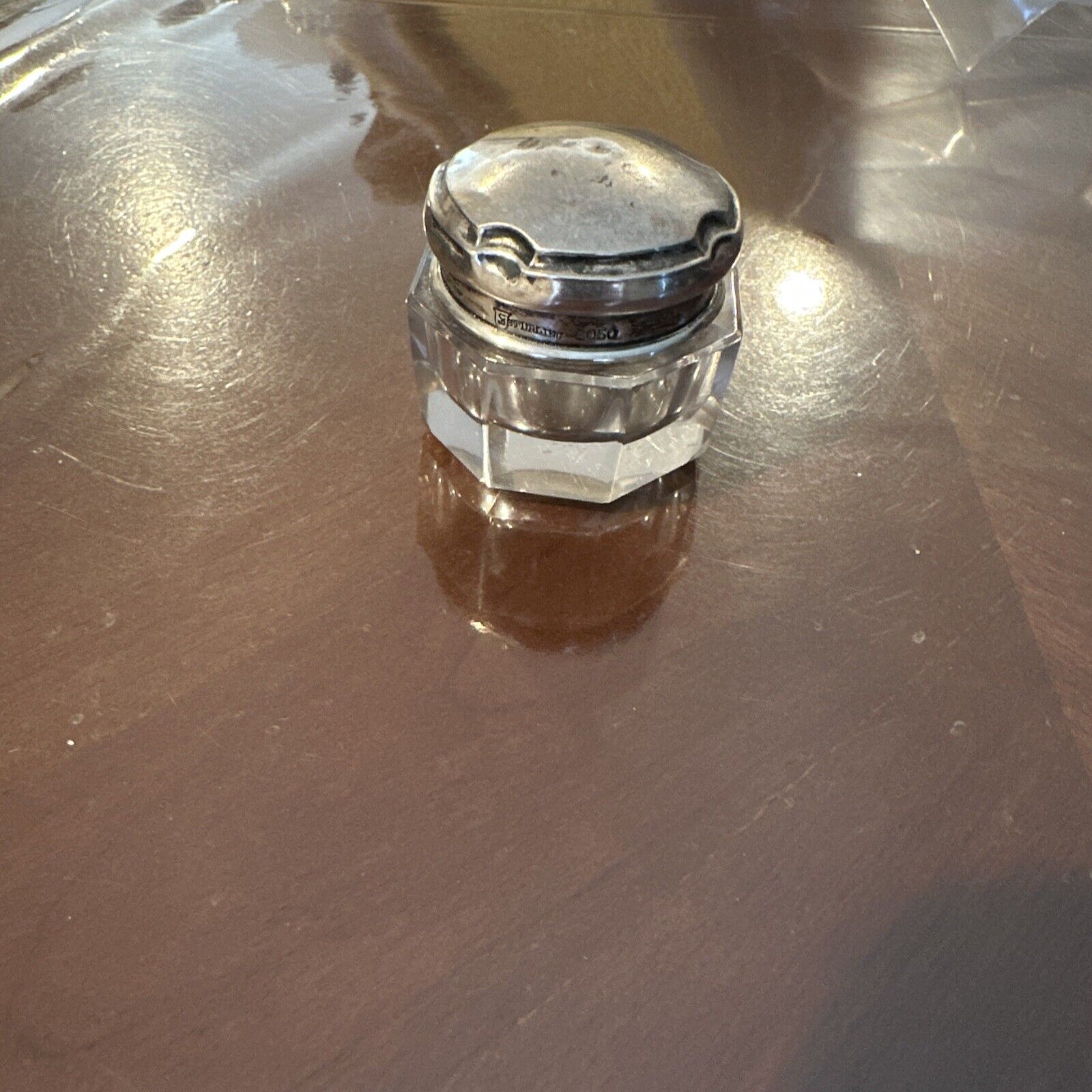 ANTIQUE Sterling Silver Top CUT GLASS DRESSER JAR VANITY BOX