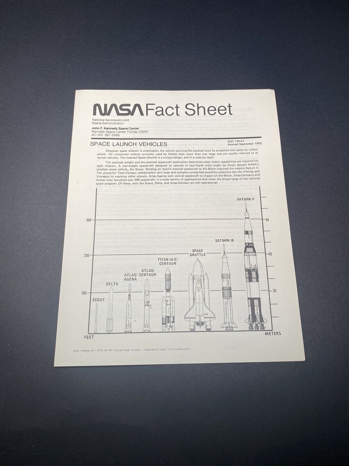 Vintage 1982 NASA Fact Sheet KSC 135-81 Space Launch Vehicles & Major Launch JFK