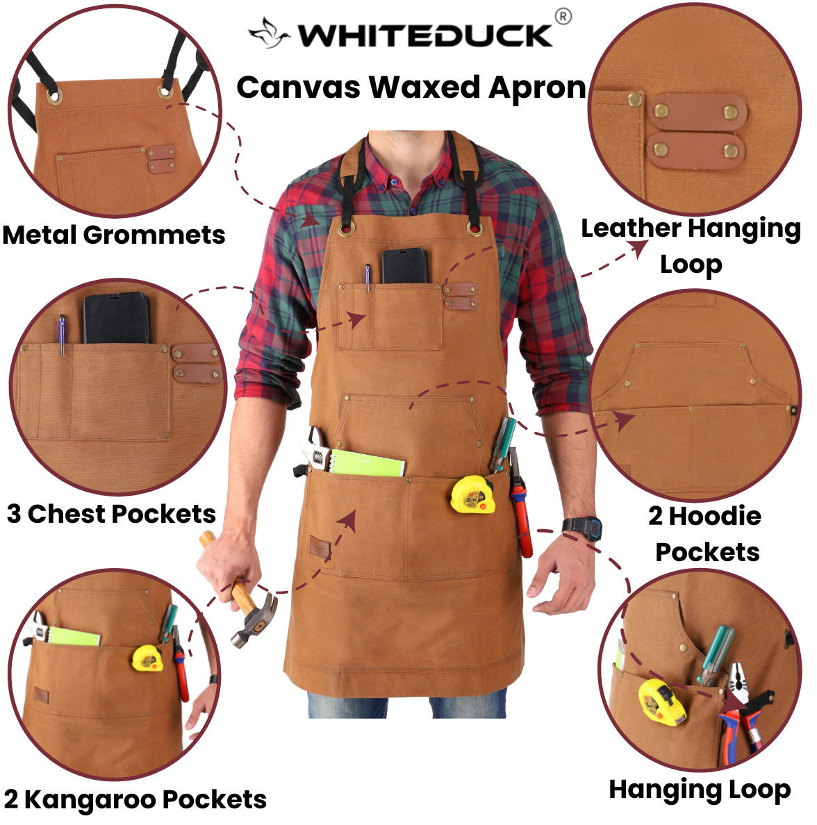 WHITEDUCK Men Apron 24oz Waxed Canvas Work Apron Scratch, Stain, Water Resistant