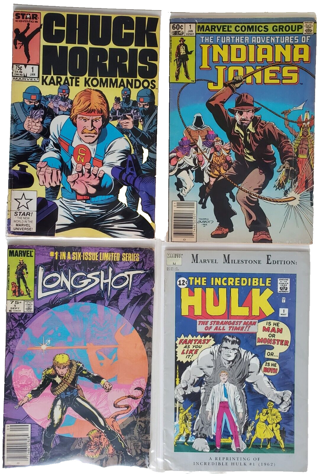 Marvel #1 Lot, Chuck Norris, Indiana Jones, Longshot, MME: The Hulk, (w/defects)