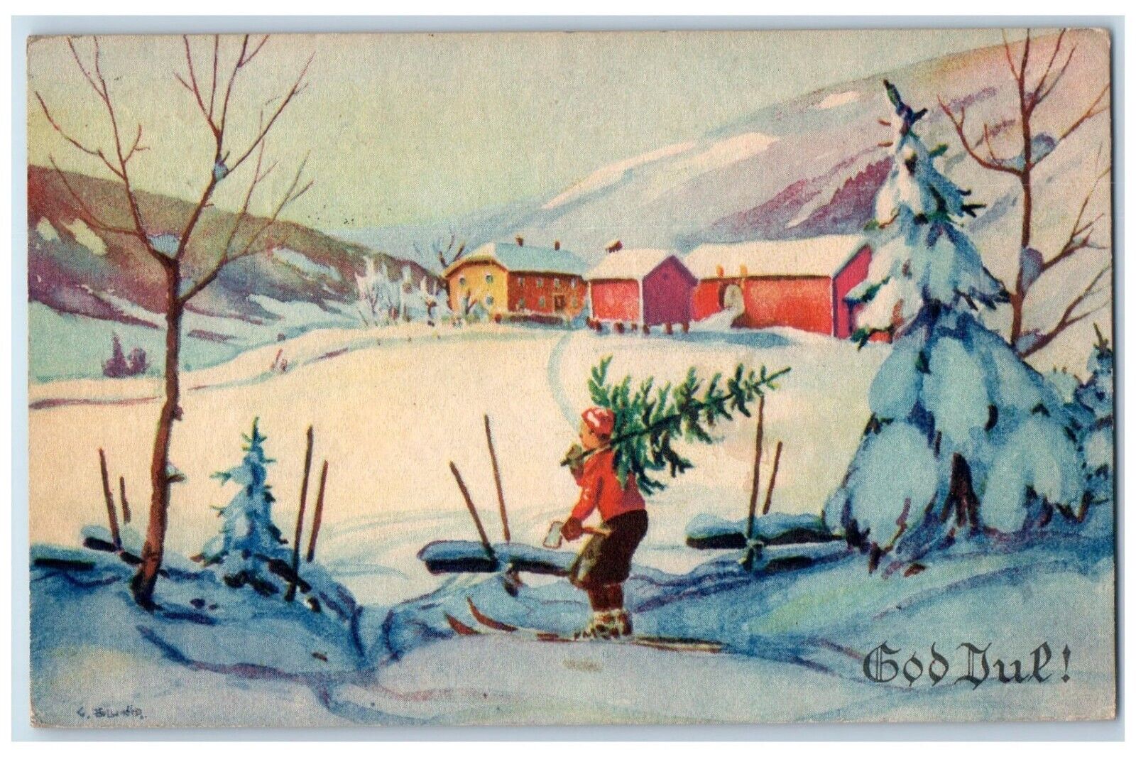 1936 Christmas God Dul Norway Sleigh Pine Tree Winter Embossed Vintage Postcard