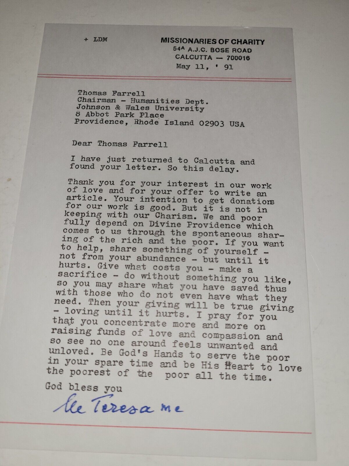 Mother Teresa Signed Autograph Copy 3 x 6 Typed Letter